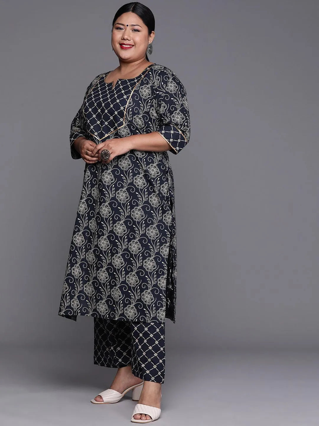 Plus Size Navy Blue Yoke Design Cotton Suit Set - Libas