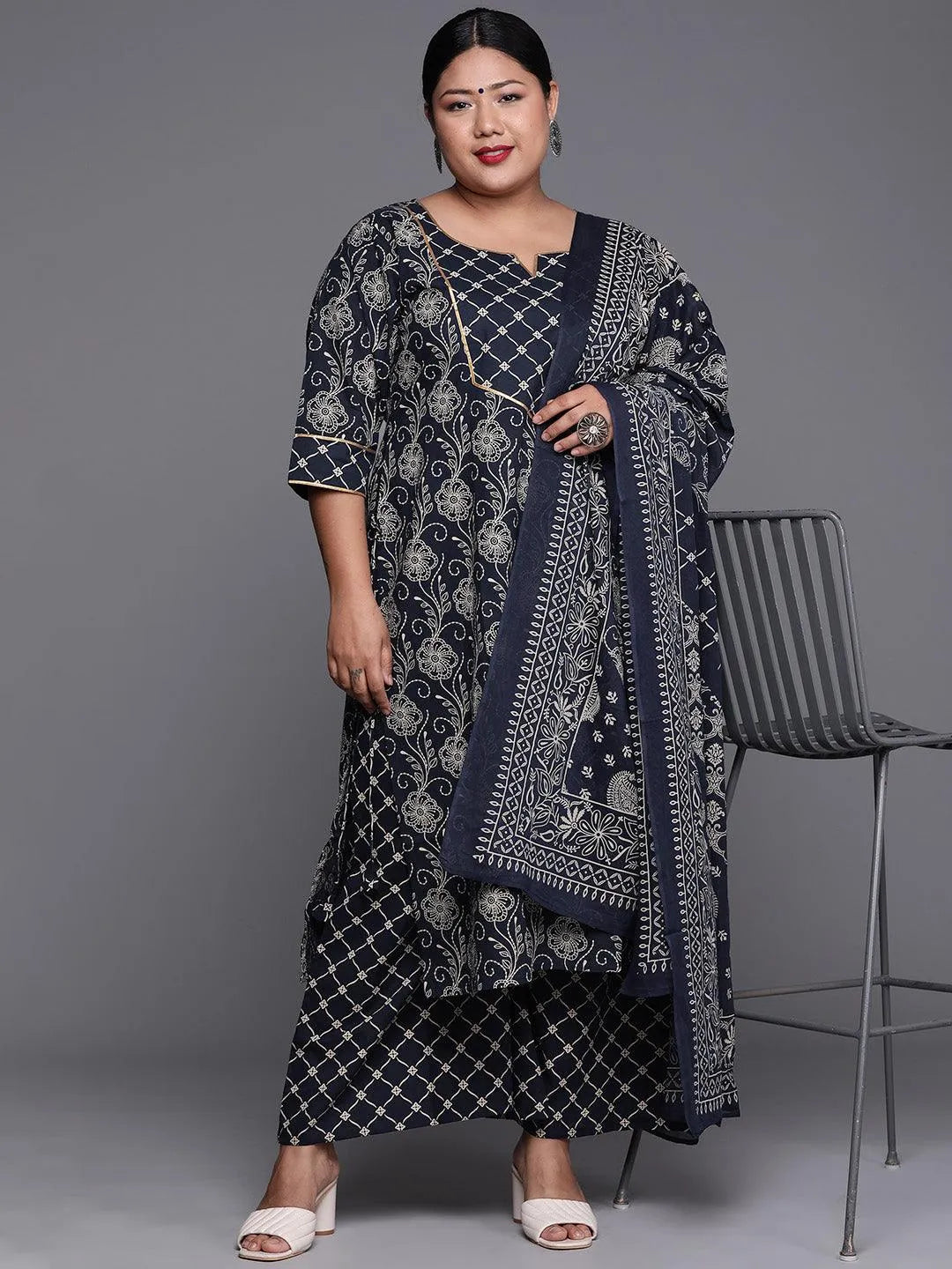 Plus Size Navy Blue Yoke Design Cotton Suit Set - Libas