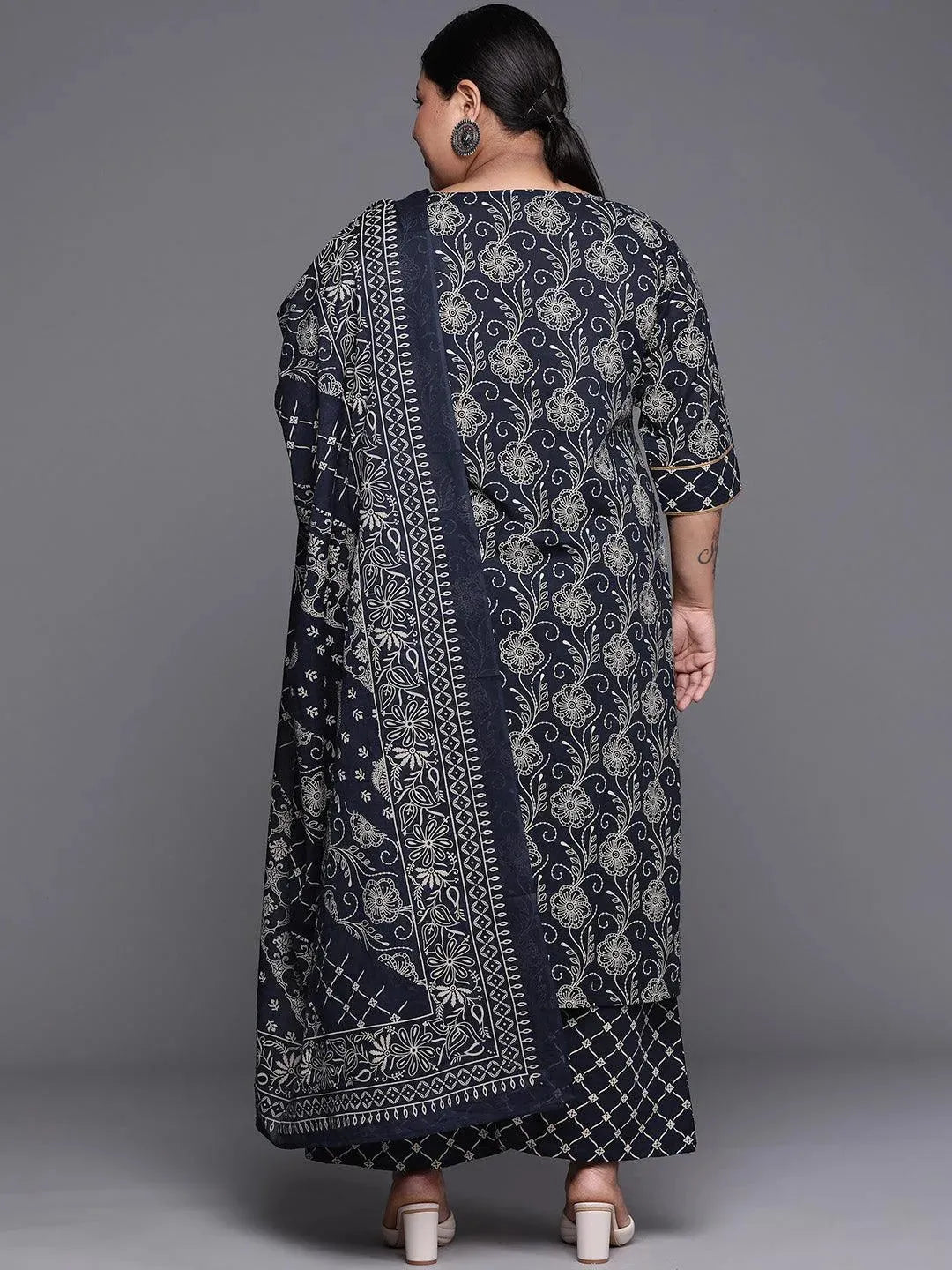 

Plus Size Navy Blue Yoke Design Cotton Straight Kurta With Palazzos & Dupatta