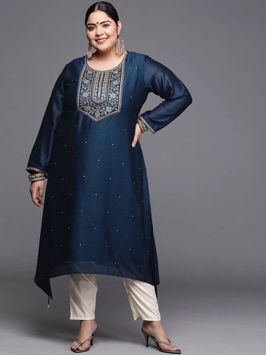 Plus Size Navy Blue Yoke Design Silk Kurta - Libas