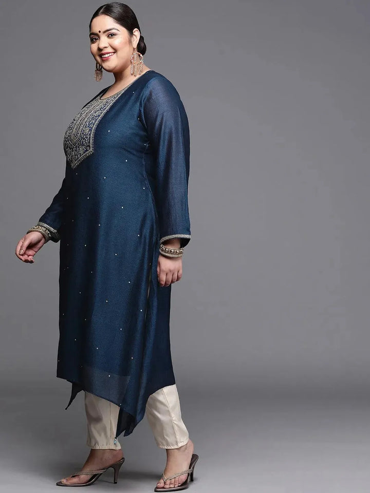 Plus Size Navy Blue Yoke Design Silk Kurta - Libas