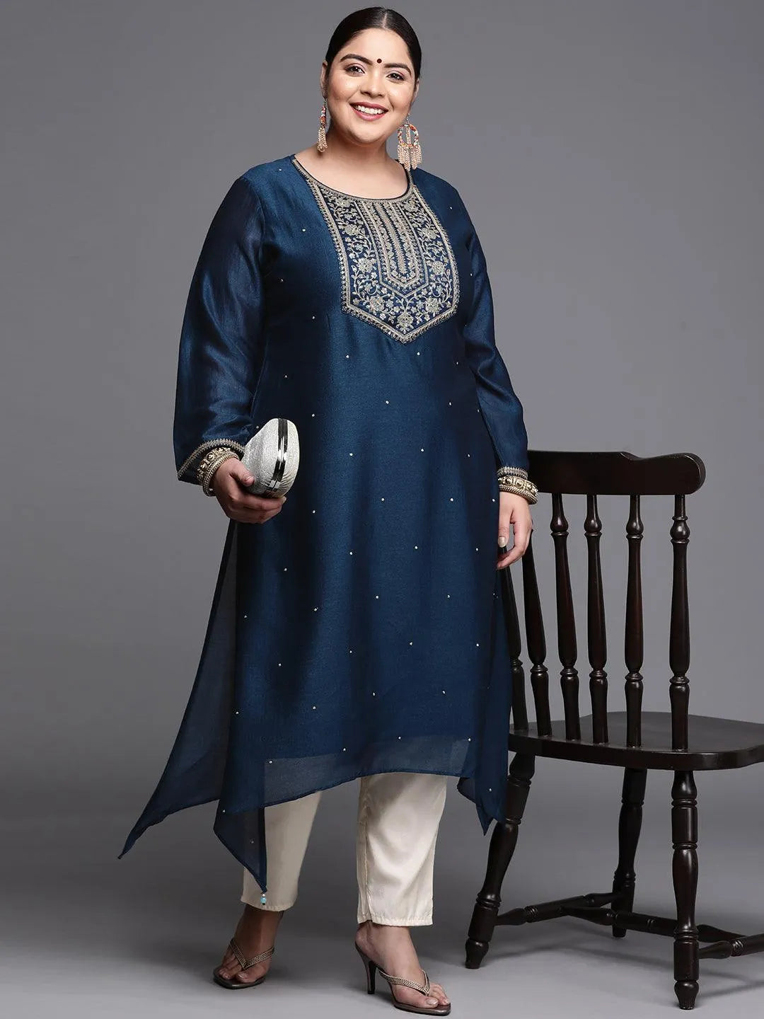 Plus Size Navy Blue Yoke Design Silk Kurta - Libas