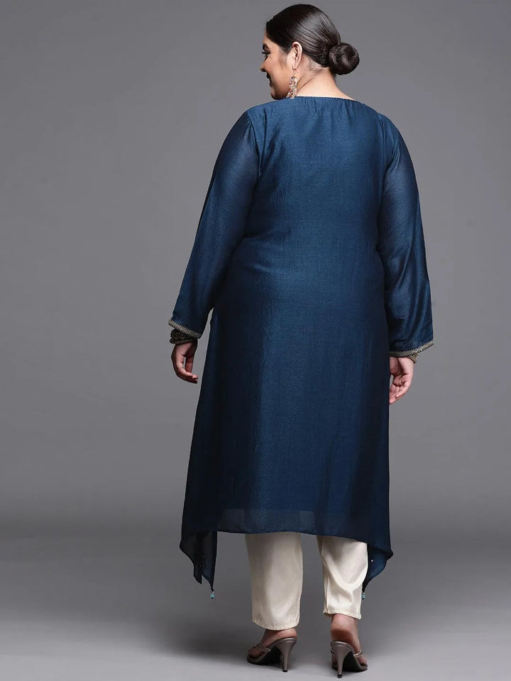 Plus Size Navy Blue Yoke Design Silk Kurta - Libas