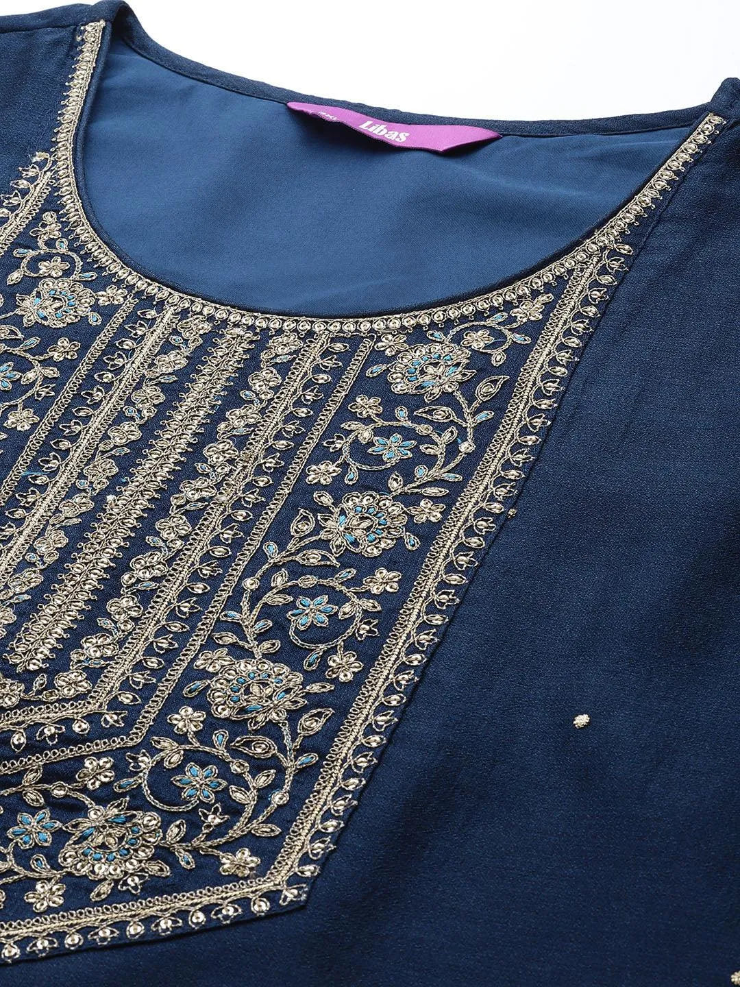 Plus Size Navy Blue Yoke Design Silk Kurta - Libas