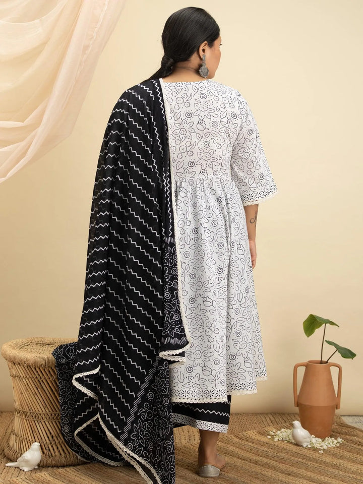 Plus Size White Printed Cotton Suit Set - Libas