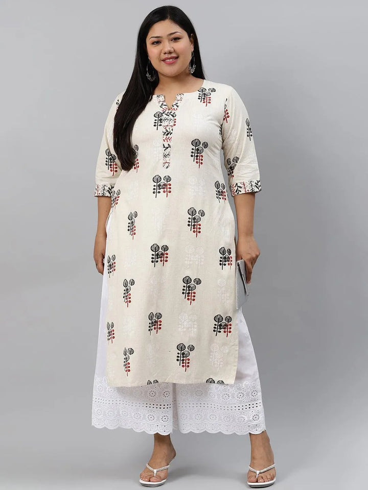 Plus Size Off-White Printed Cotton Kurta - Libas