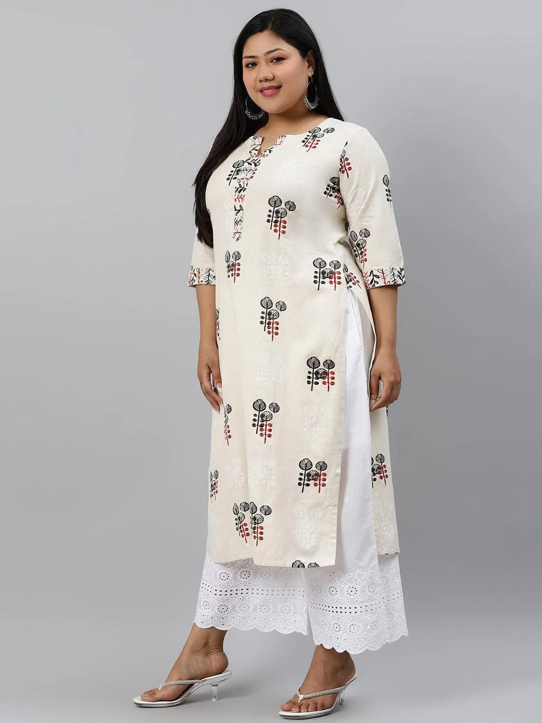 Plus Size Off-White Printed Cotton Kurta - Libas