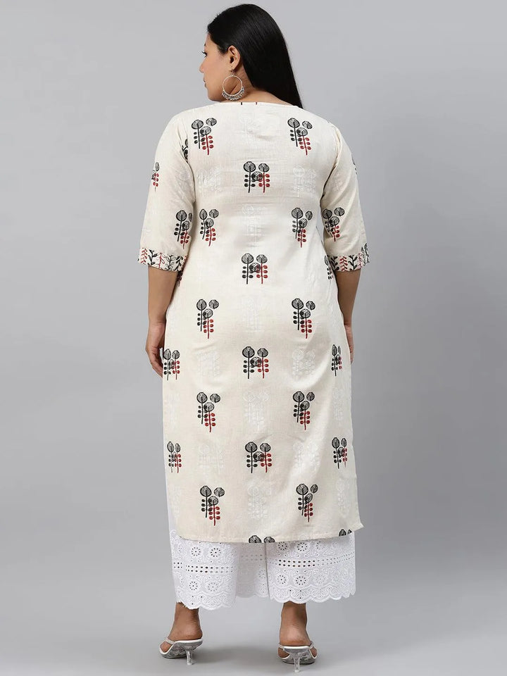 Plus Size Off-White Printed Cotton Kurta - Libas