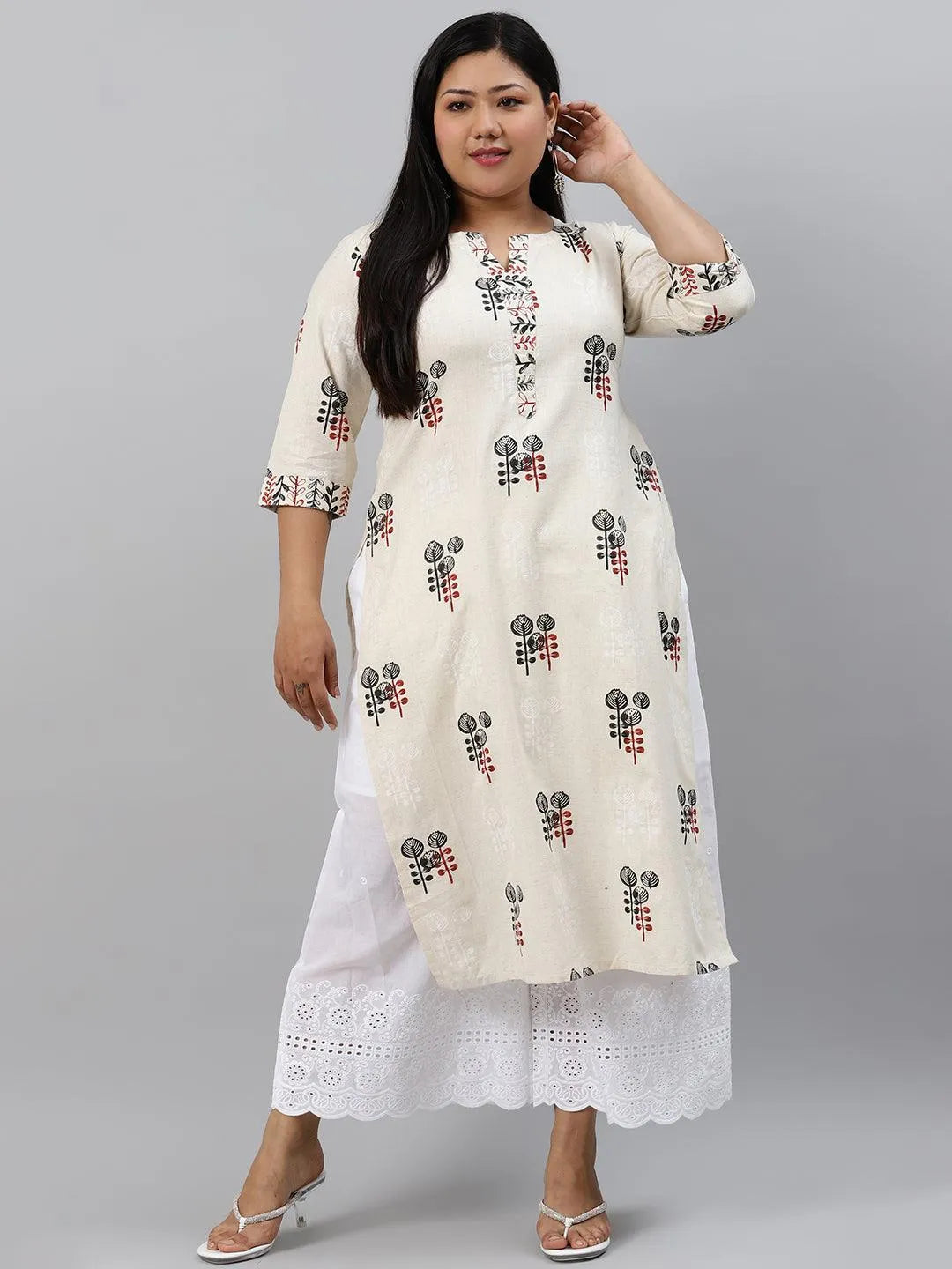 Plus Size Off-White Printed Cotton Kurta - Libas