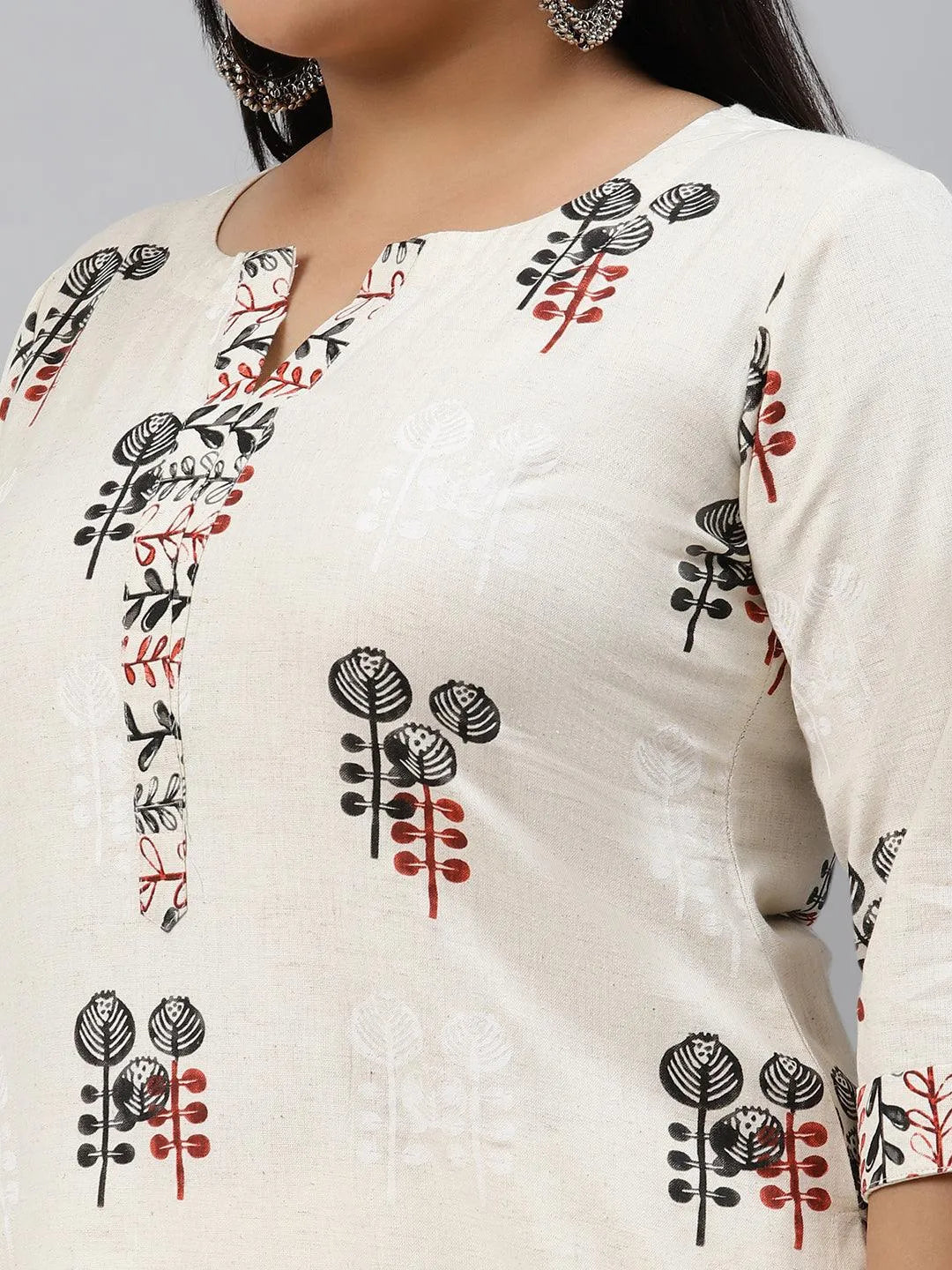 Plus Size Off-White Printed Cotton Kurta - Libas