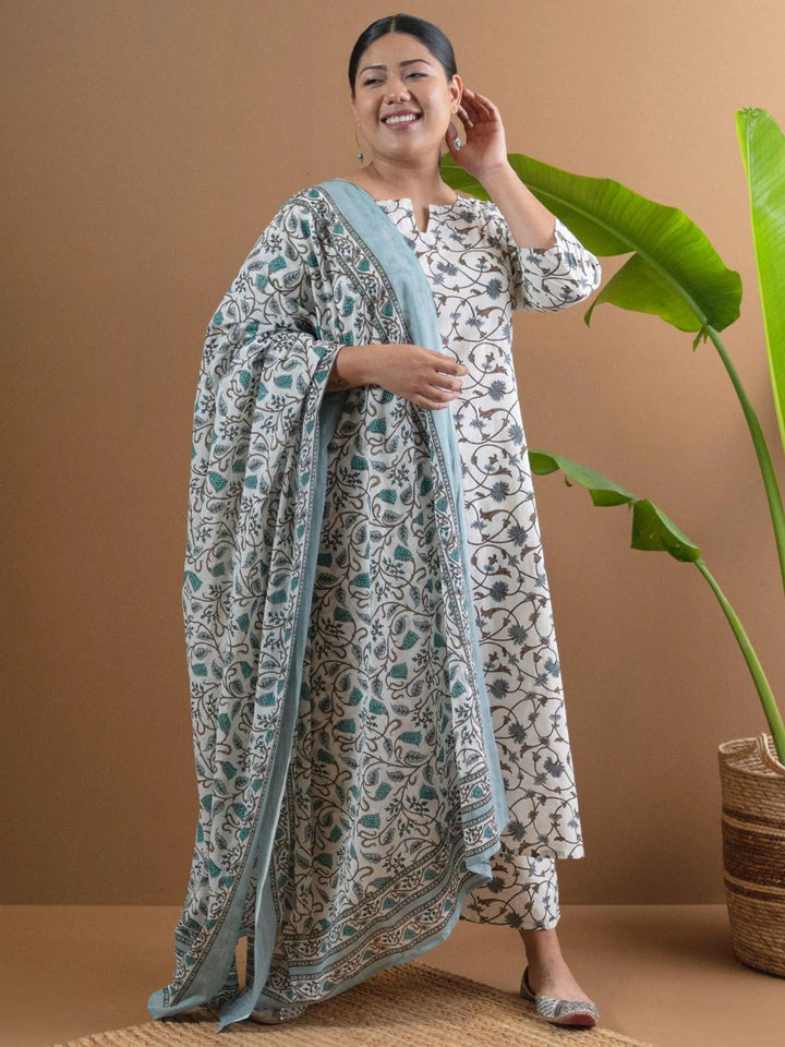 Plus Size White Printed Cotton Suit Set - Libas