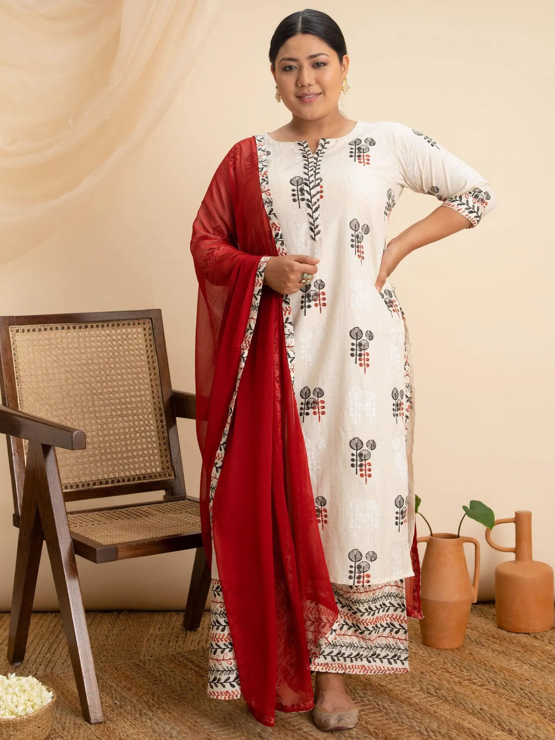 Plus Size Off White Printed Cotton Suit Set - Libas