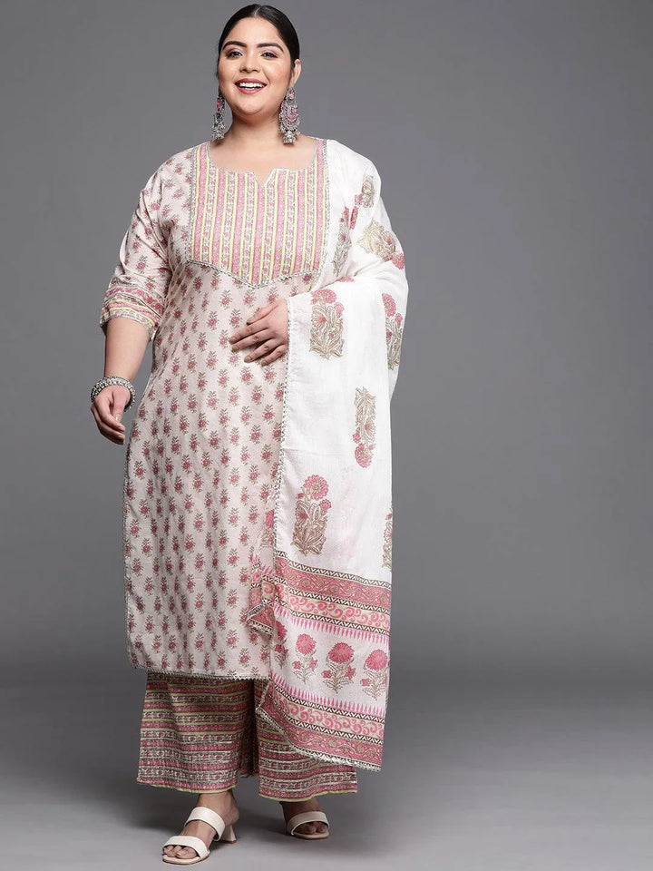 Plus Size Off White Printed Cotton Suit Set - Libas