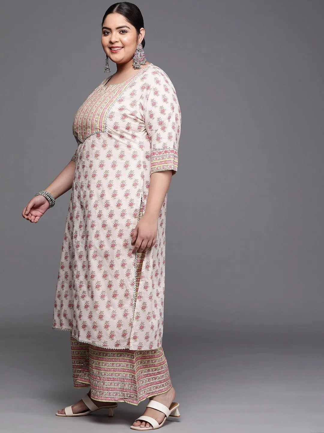 Plus Size Off White Printed Cotton Suit Set - Libas