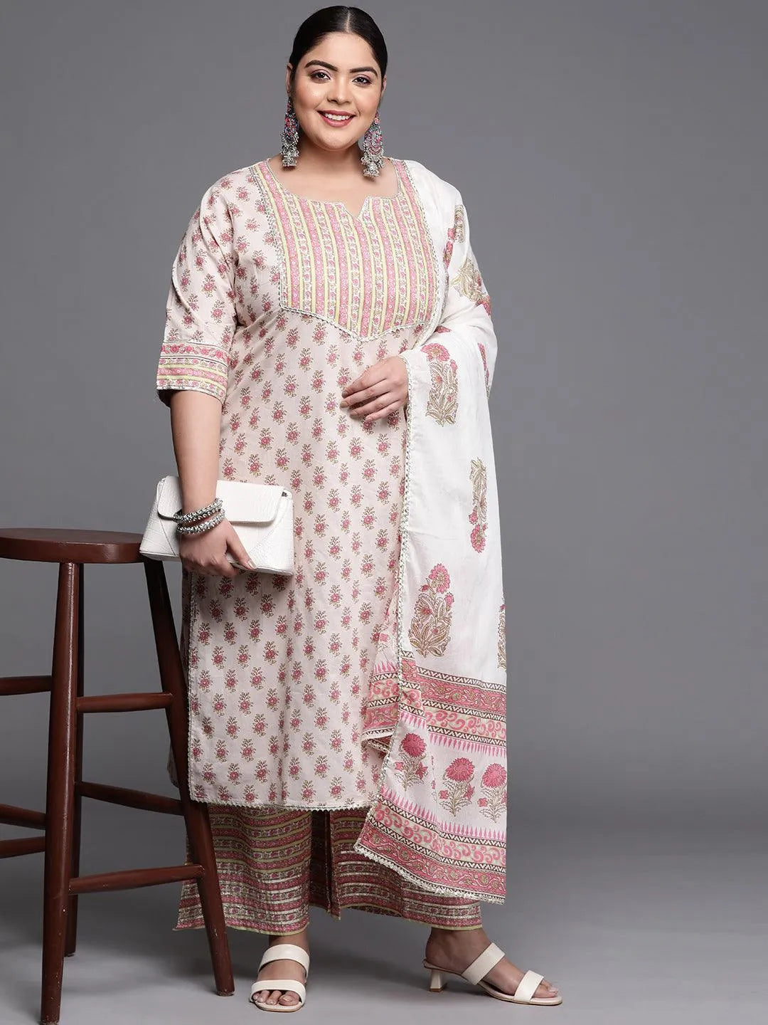 Plus Size Off White Printed Cotton Suit Set - Libas