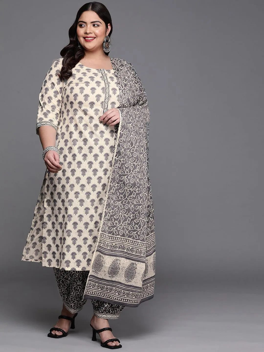 Plus Size Off White Printed Cotton Suit Set - Libas 