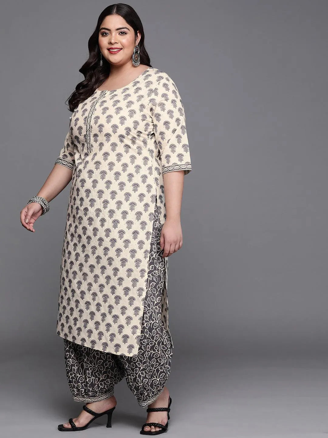 Plus Size Off White Printed Cotton Suit Set - Libas 