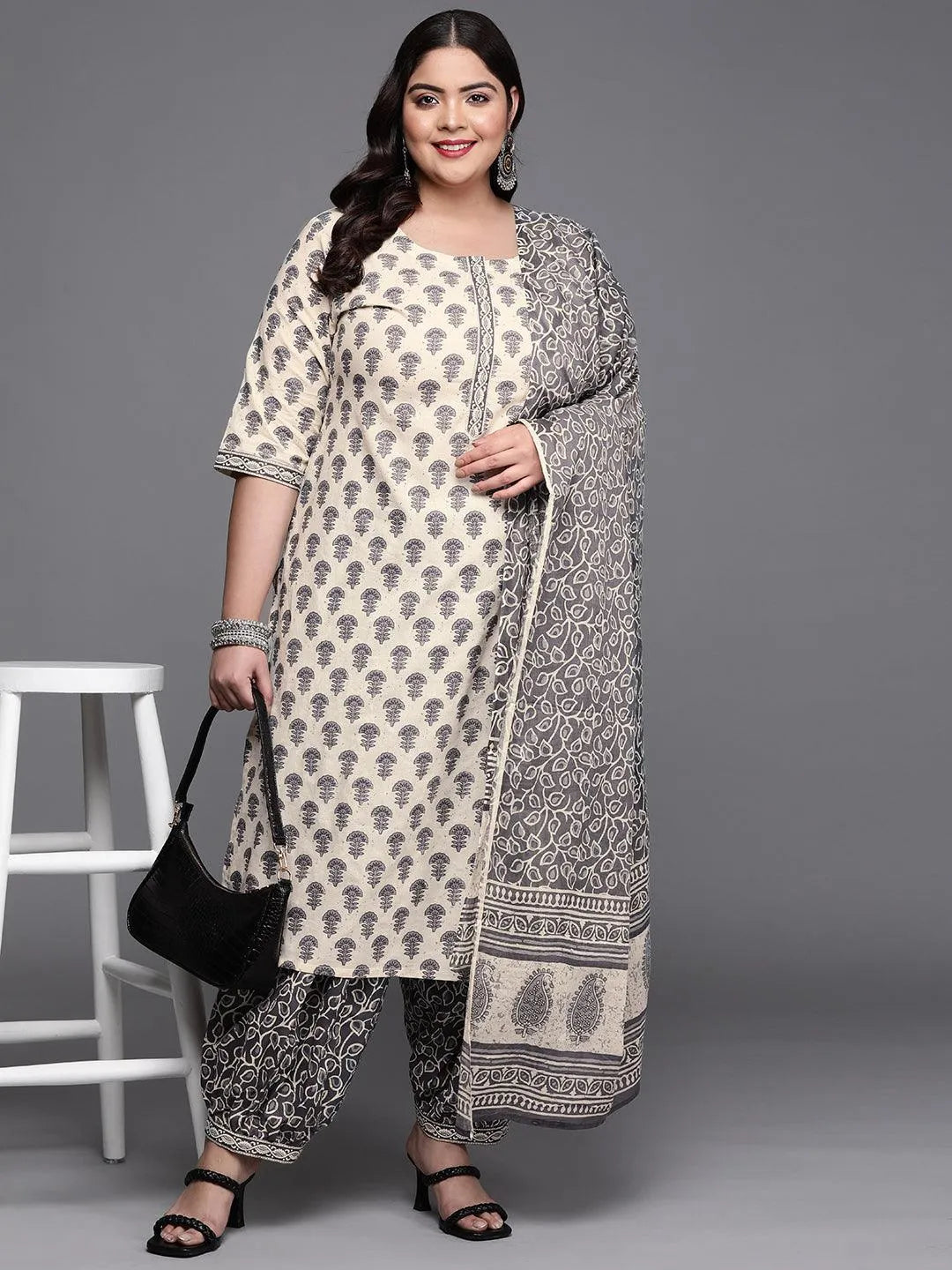 Plus Size Off White Printed Cotton Suit Set - Libas