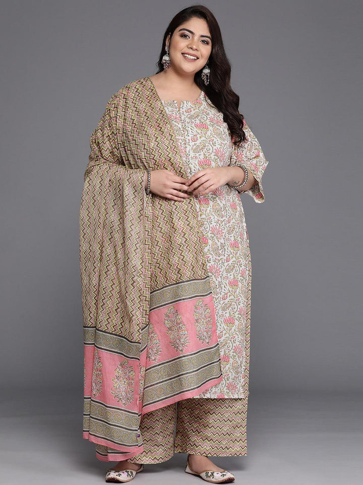 Plus Size Off White Printed Cotton Straight Suit Set - Libas