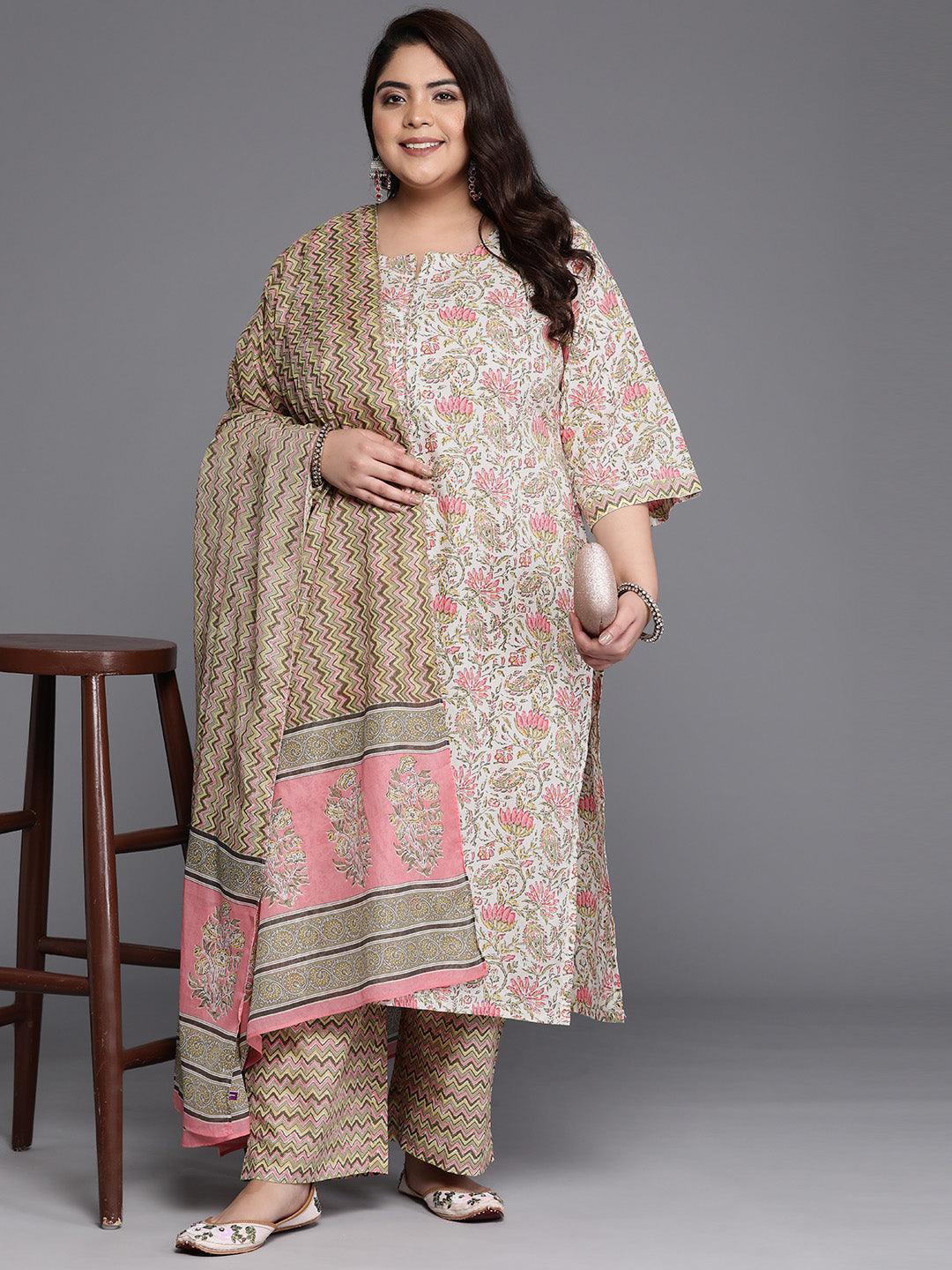 Plus Size Off White Printed Cotton Straight Suit Set - Libas