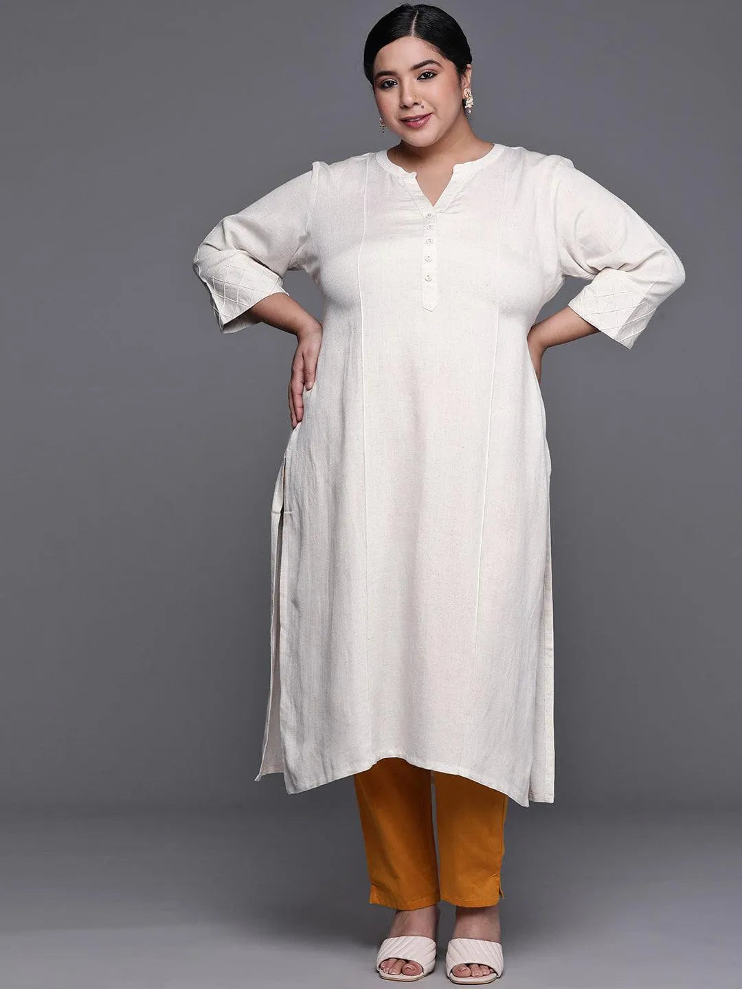 Plus Size Off White Solid Cotton Kurta - Libas