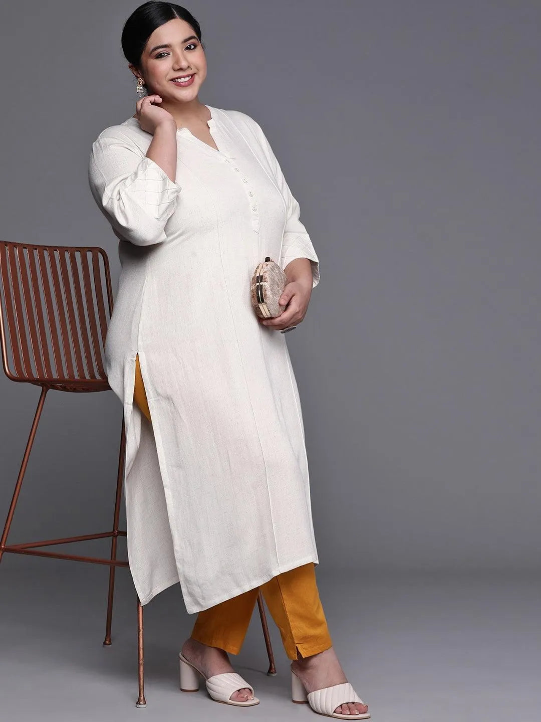 Plus Size Off White Solid Cotton Kurta - Libas 