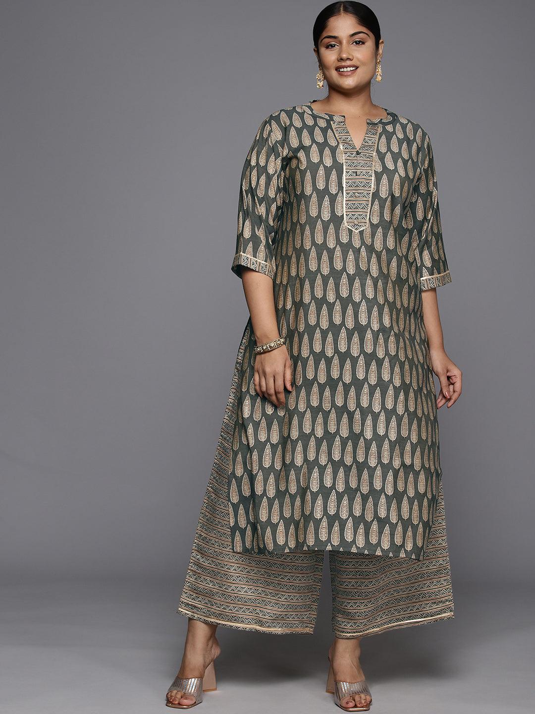 Plus Size Olive Printed Silk Blend Straight Kurta With Palazzos - Libas 