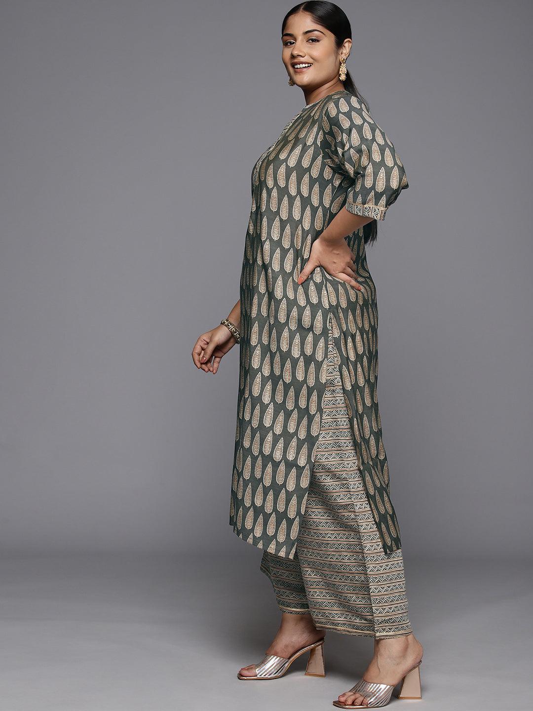 Plus Size Olive Printed Silk Blend Straight Kurta With Palazzos - Libas 