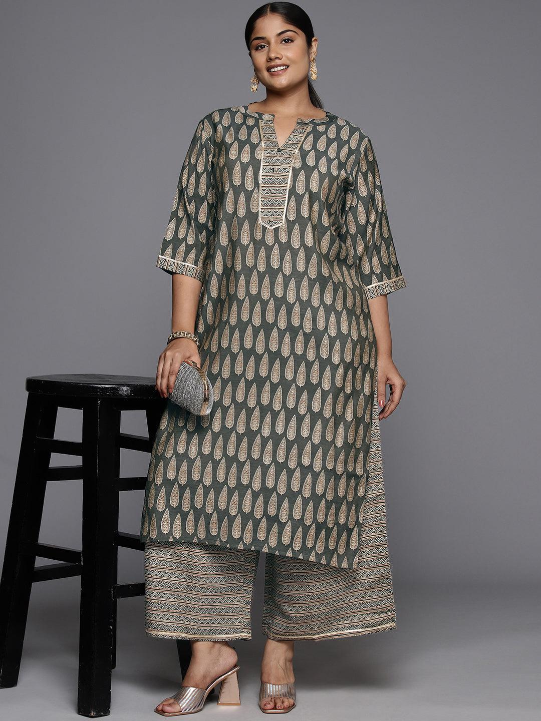 Plus Size Olive Printed Silk Blend Straight Kurta With Palazzos - Libas