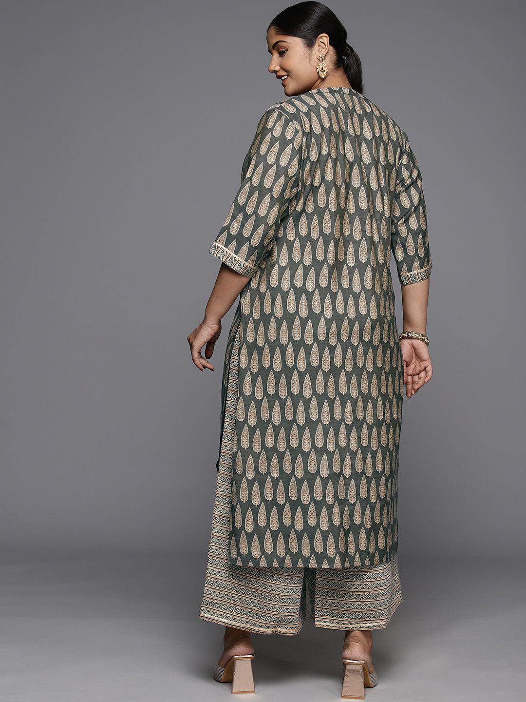 Plus Size Olive Printed Silk Blend Straight Kurta With Palazzos - Libas 