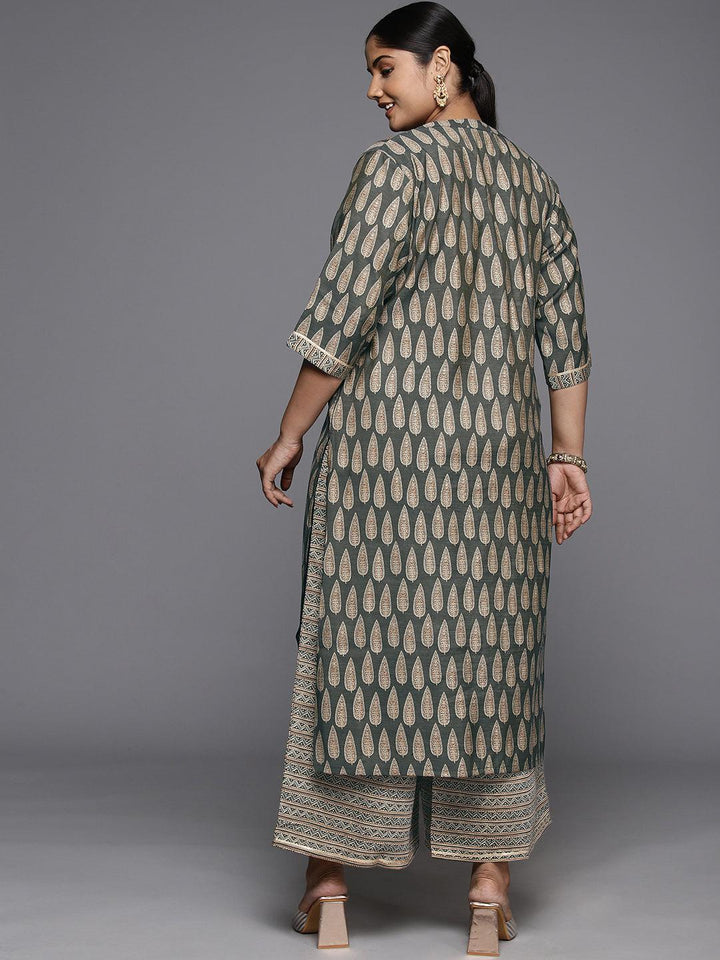 Plus Size Olive Printed Silk Blend Straight Kurta With Palazzos - Libas