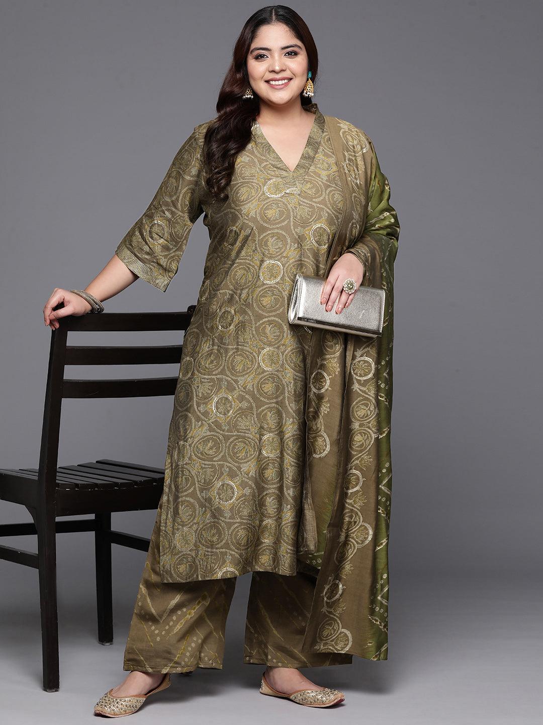 Plus Size Olive Printed Silk Blend Straight Kurta With Trousers & Dupatta - Libas