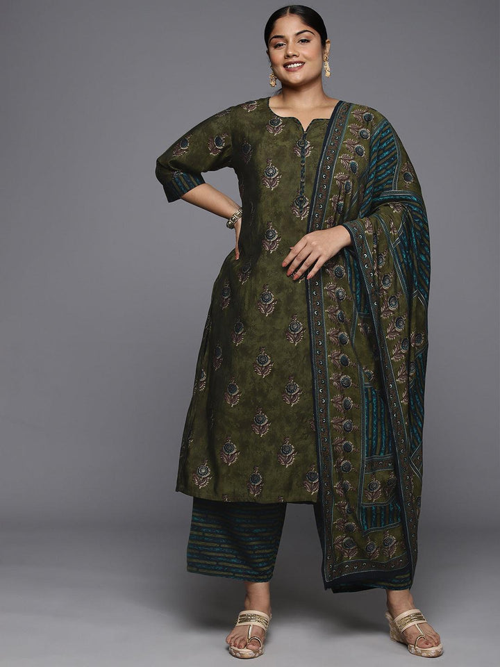 Plus Size Olive Printed Silk Blend Straight Kurta With Trousers & Dupatta - Libas