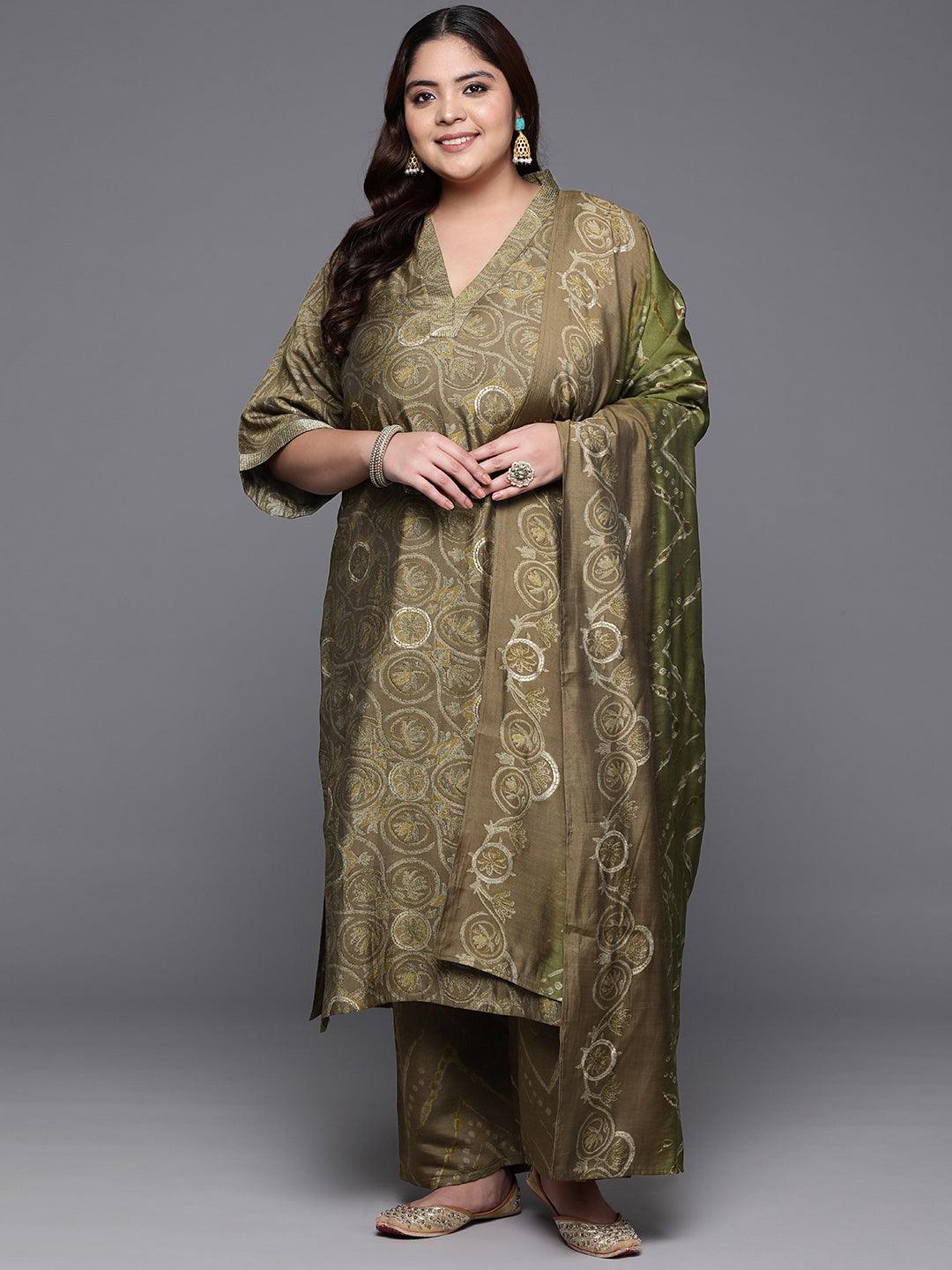 Plus Size Olive Printed Silk Blend Straight Kurta With Trousers & Dupatta - Libas