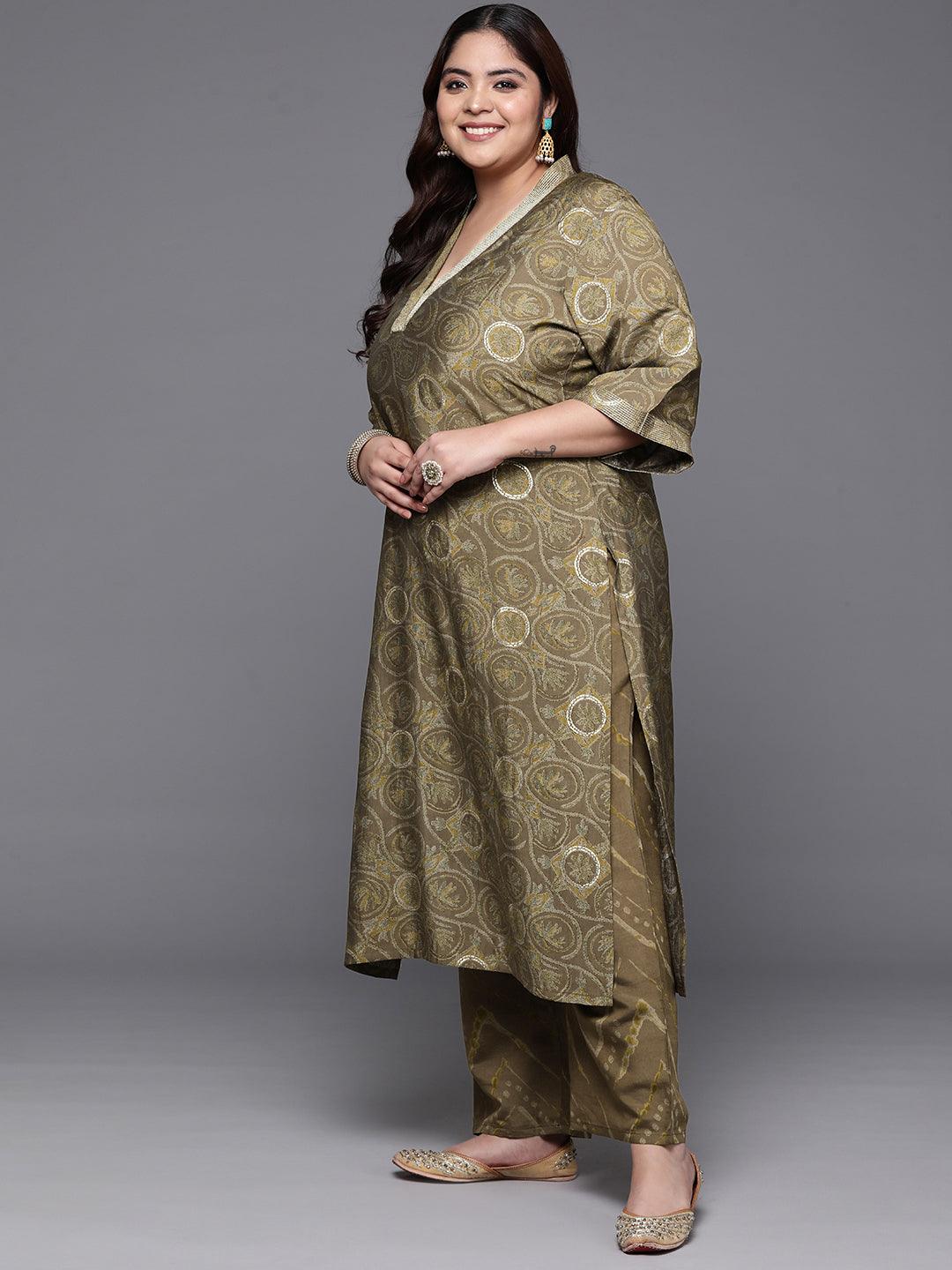 Plus Size Olive Printed Silk Blend Straight Kurta With Trousers & Dupatta - Libas