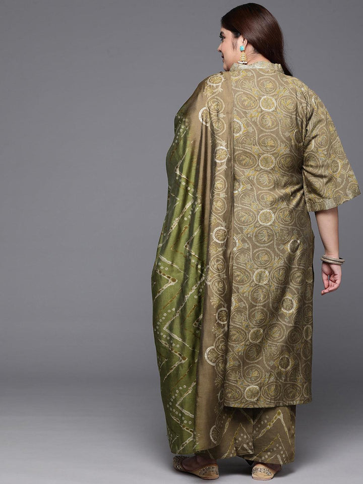 Plus Size Olive Printed Silk Blend Straight Kurta With Trousers & Dupatta - Libas