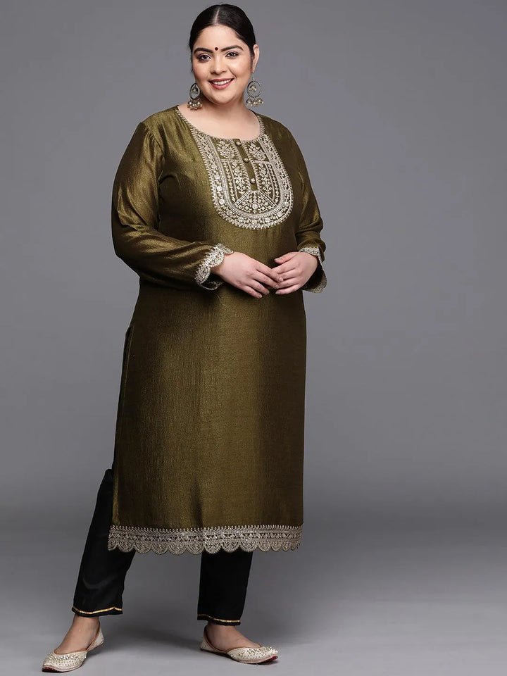 Plus Size Olive Yoke Design Silk Kurta - Libas