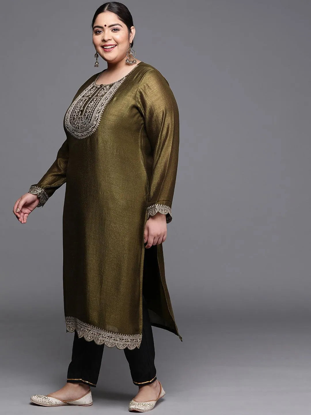 Plus Size Olive Yoke Design Silk Kurta - Libas