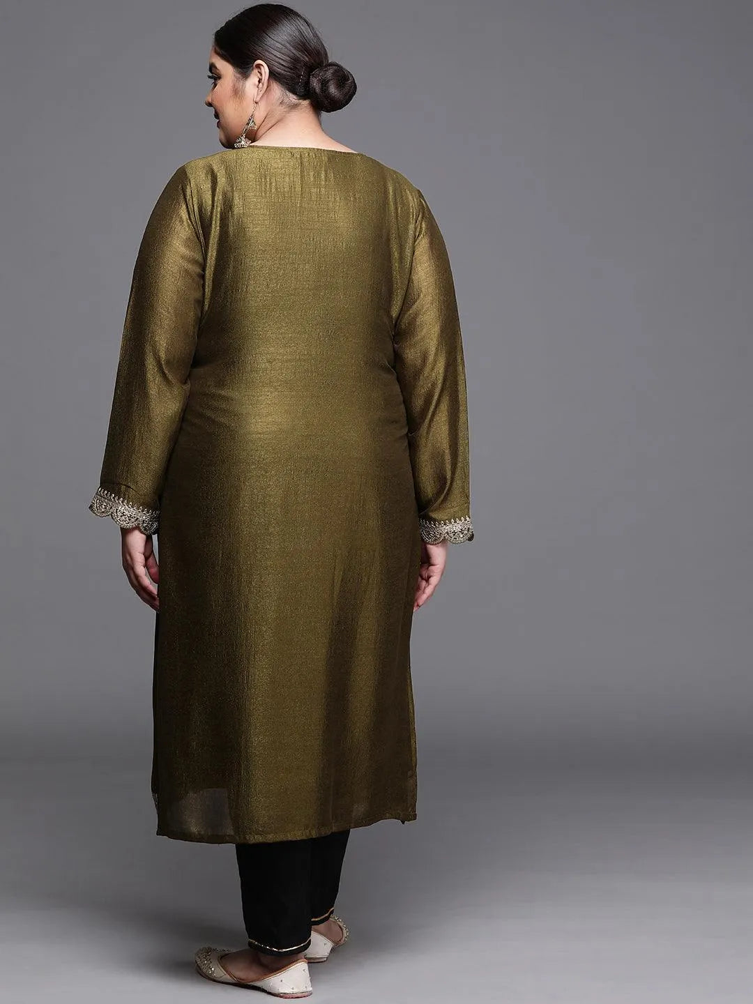 Plus Size Olive Yoke Design Silk Kurta - Libas