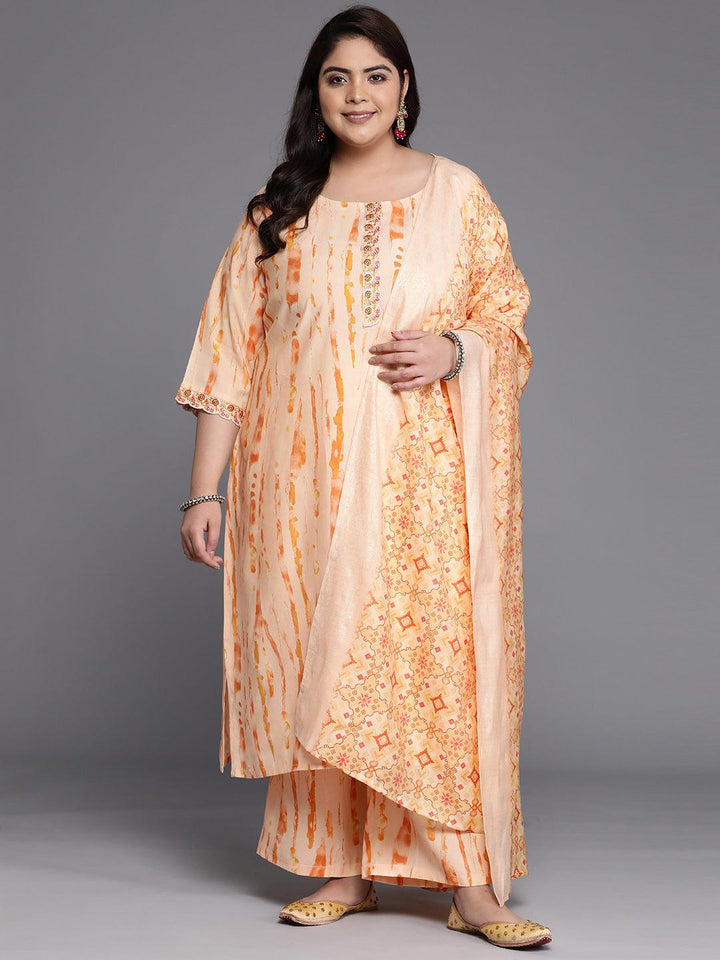 Plus Size Orange Printed Silk Blend Straight Suit Set - Libas