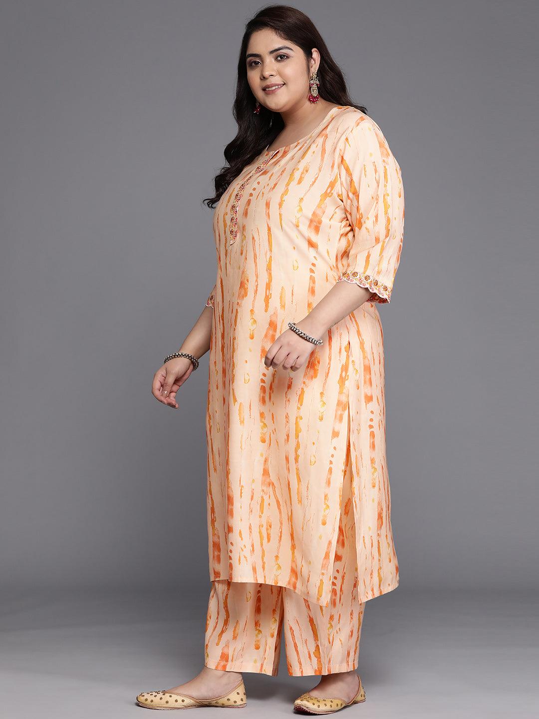 Plus Size Orange Printed Silk Blend Straight Suit Set - Libas