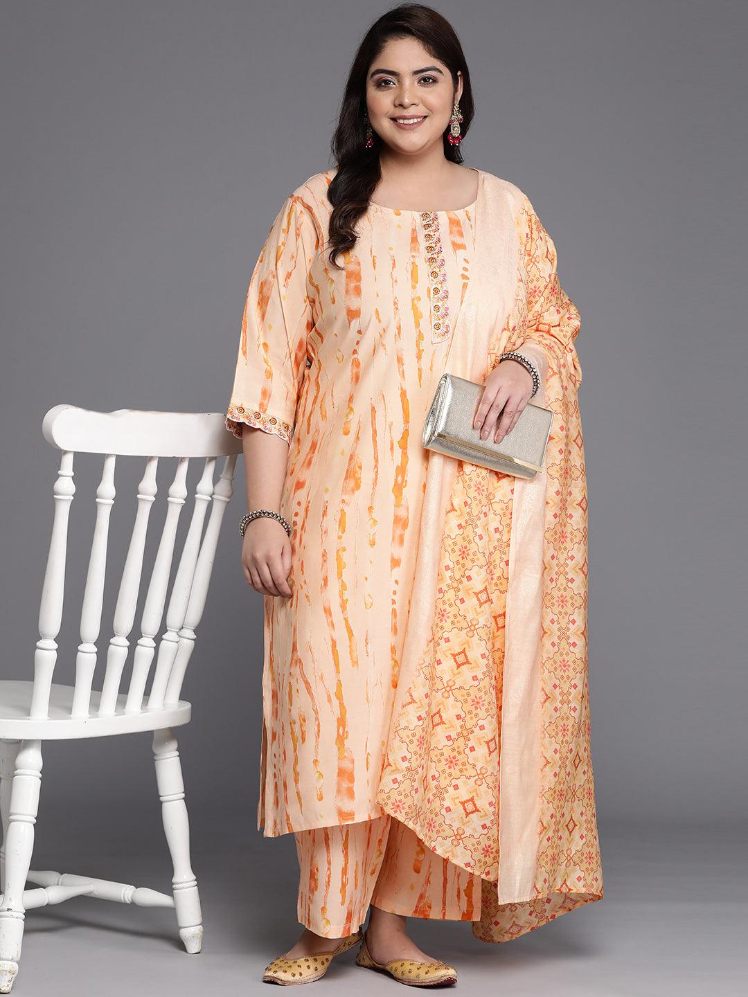 Plus Size Orange Printed Silk Blend Straight Suit Set - Libas