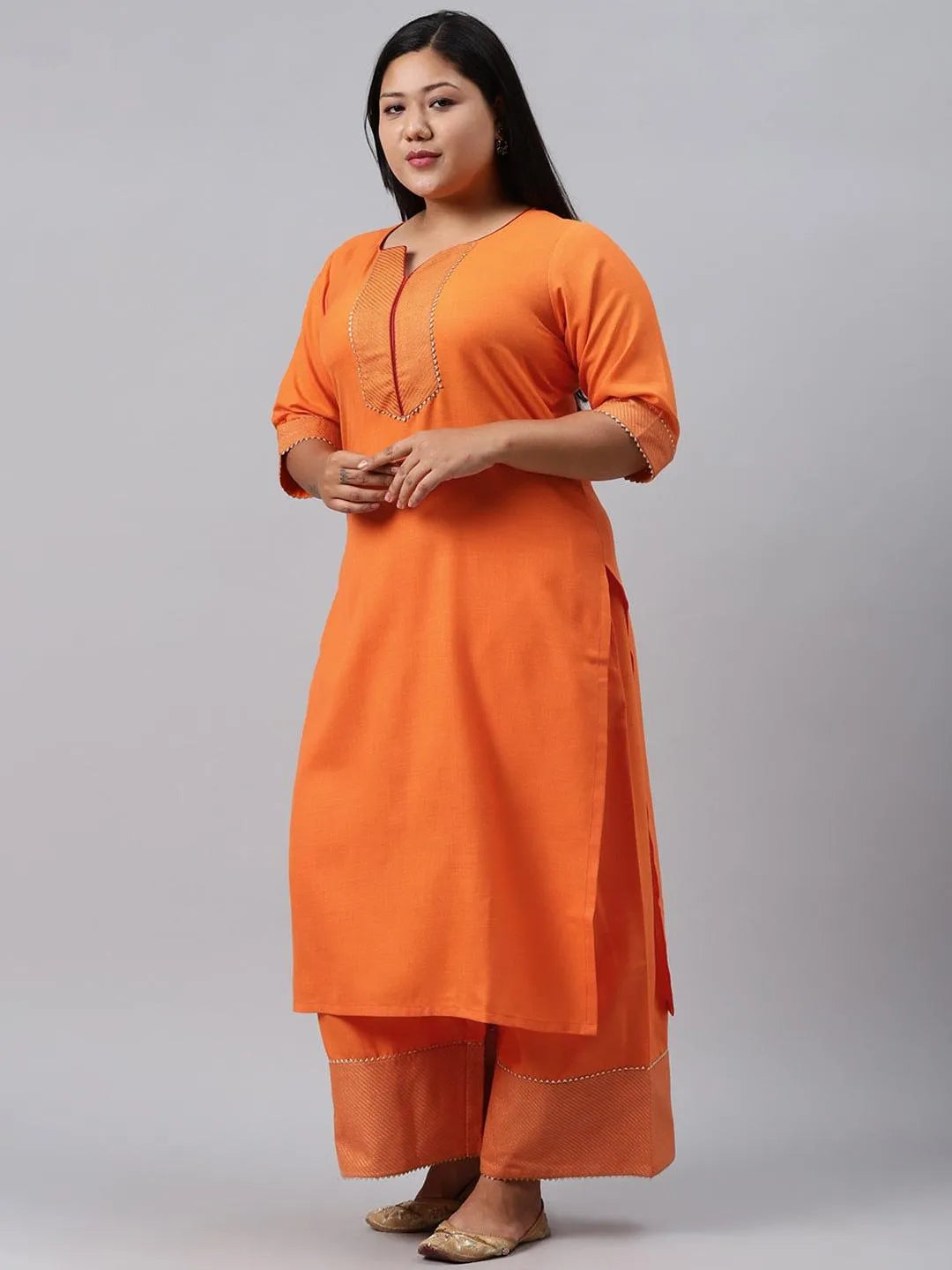 Plus Size Orange Solid Cotton Suit Set - Libas