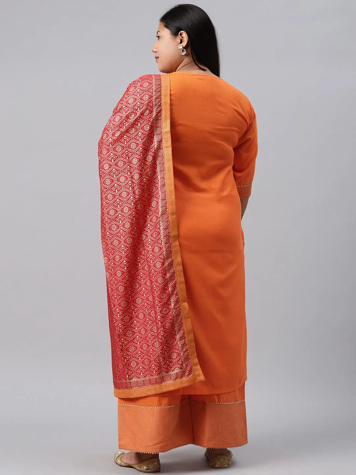 Plus Size Orange Solid Cotton Suit Set - Libas