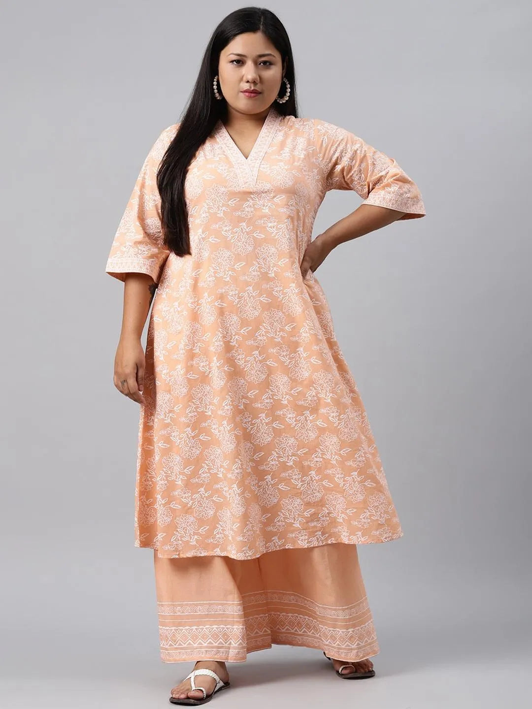 Plus Size Peach Printed Cotton Kurta - Libas 