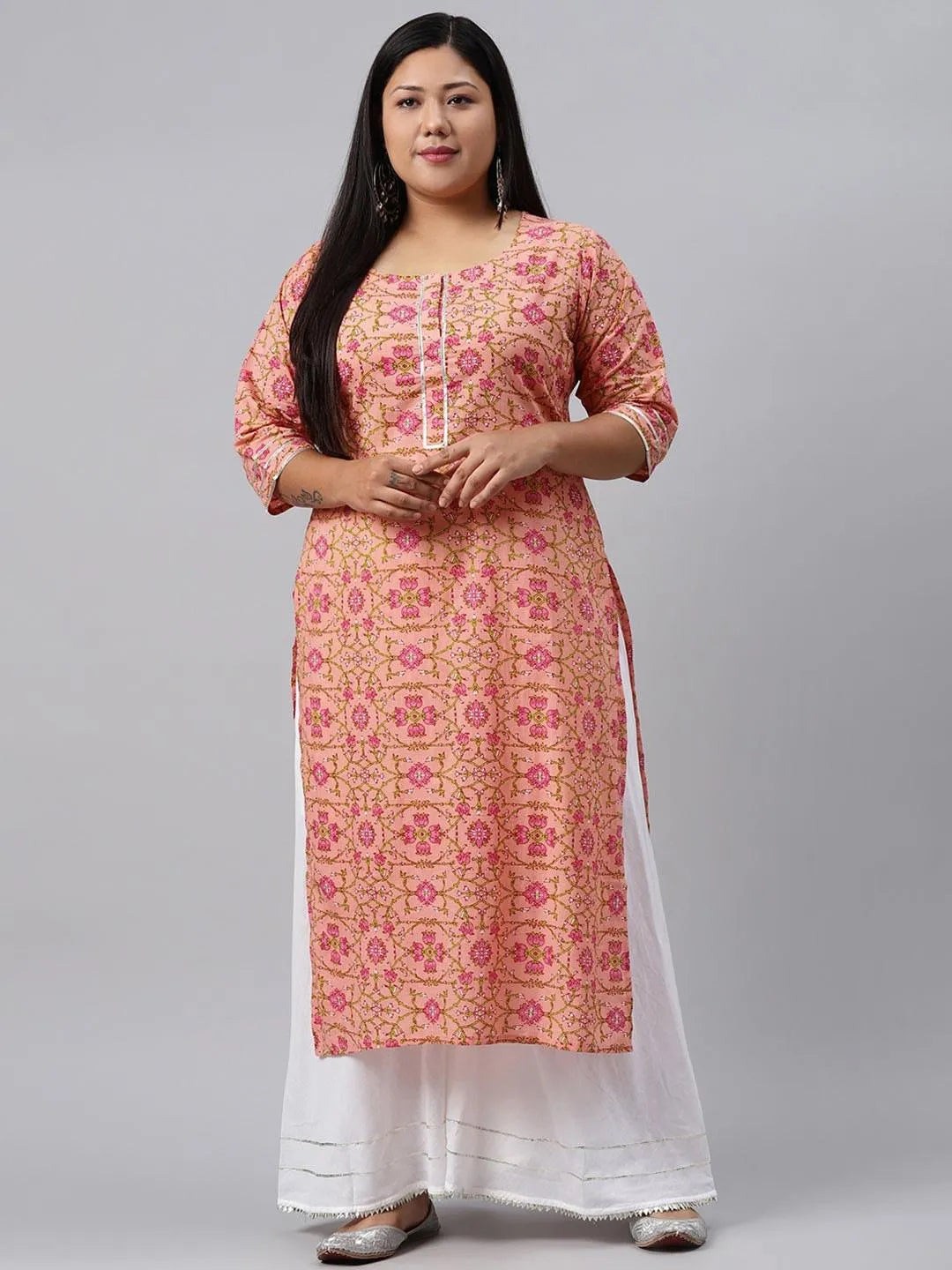 Plus Size Peach Printed Cotton Kurta - Libas