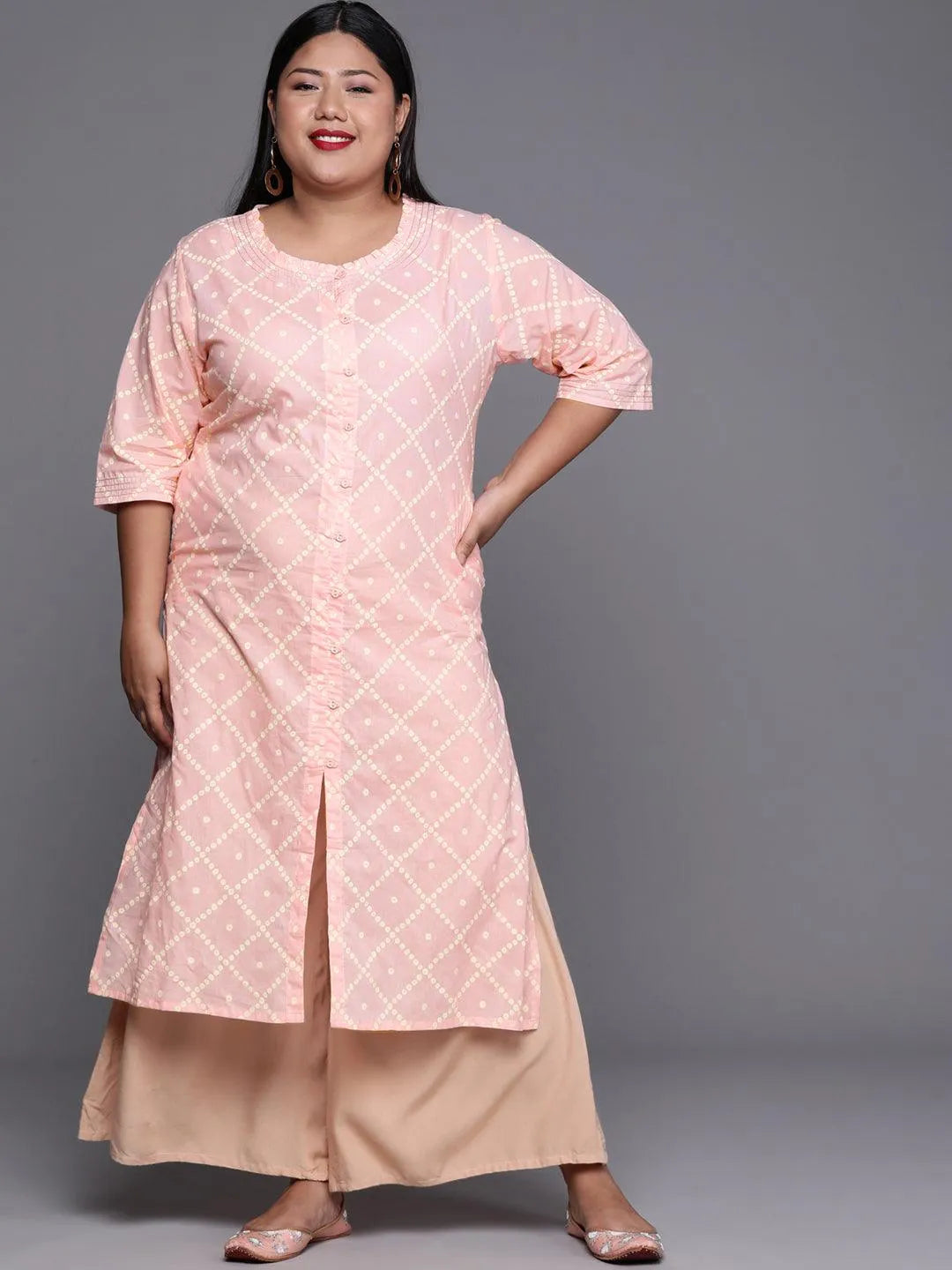 Plus Size Peach Printed Cotton Kurta - Libas