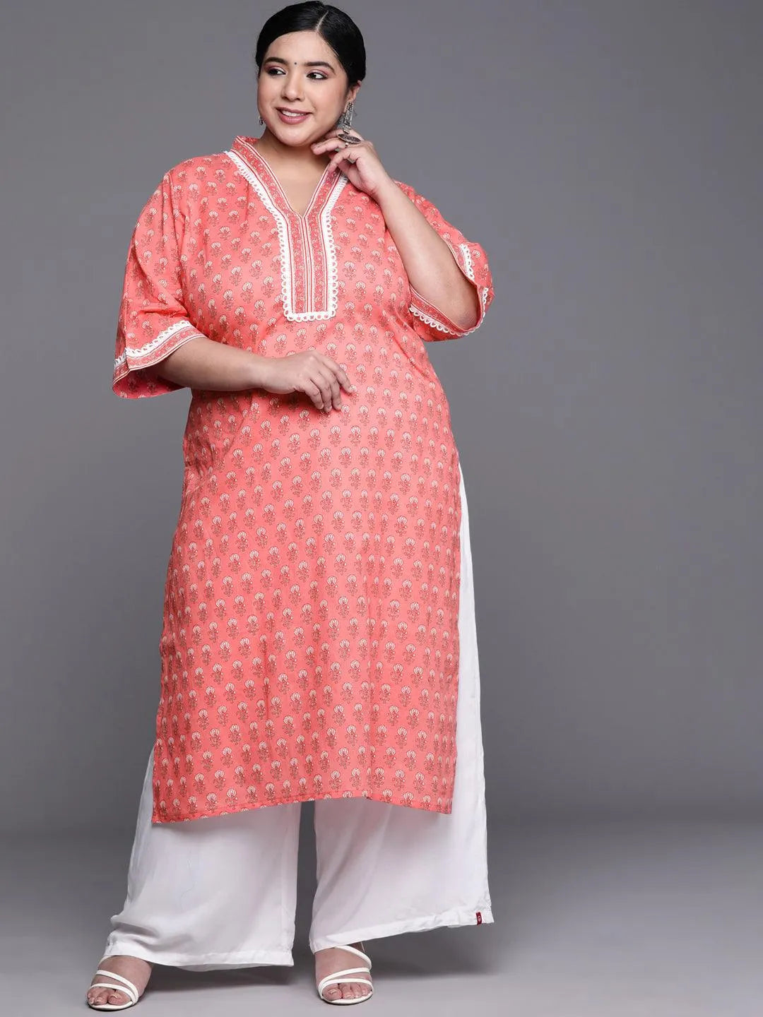 Plus Size Peach Printed Cotton Kurta - Libas