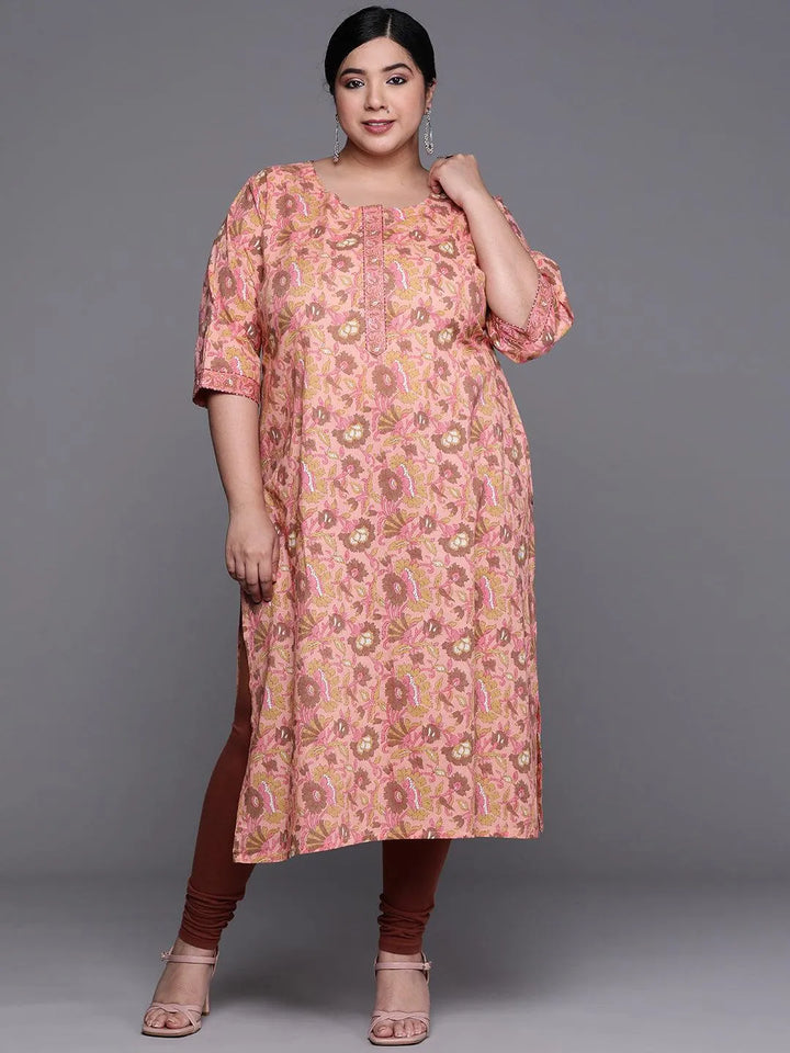 Plus Size Peach Printed Cotton Kurta - Libas