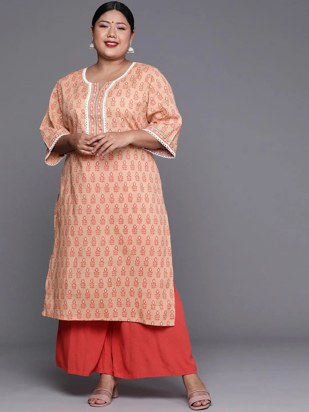 Plus Size Peach Printed Cotton Kurta - Libas 